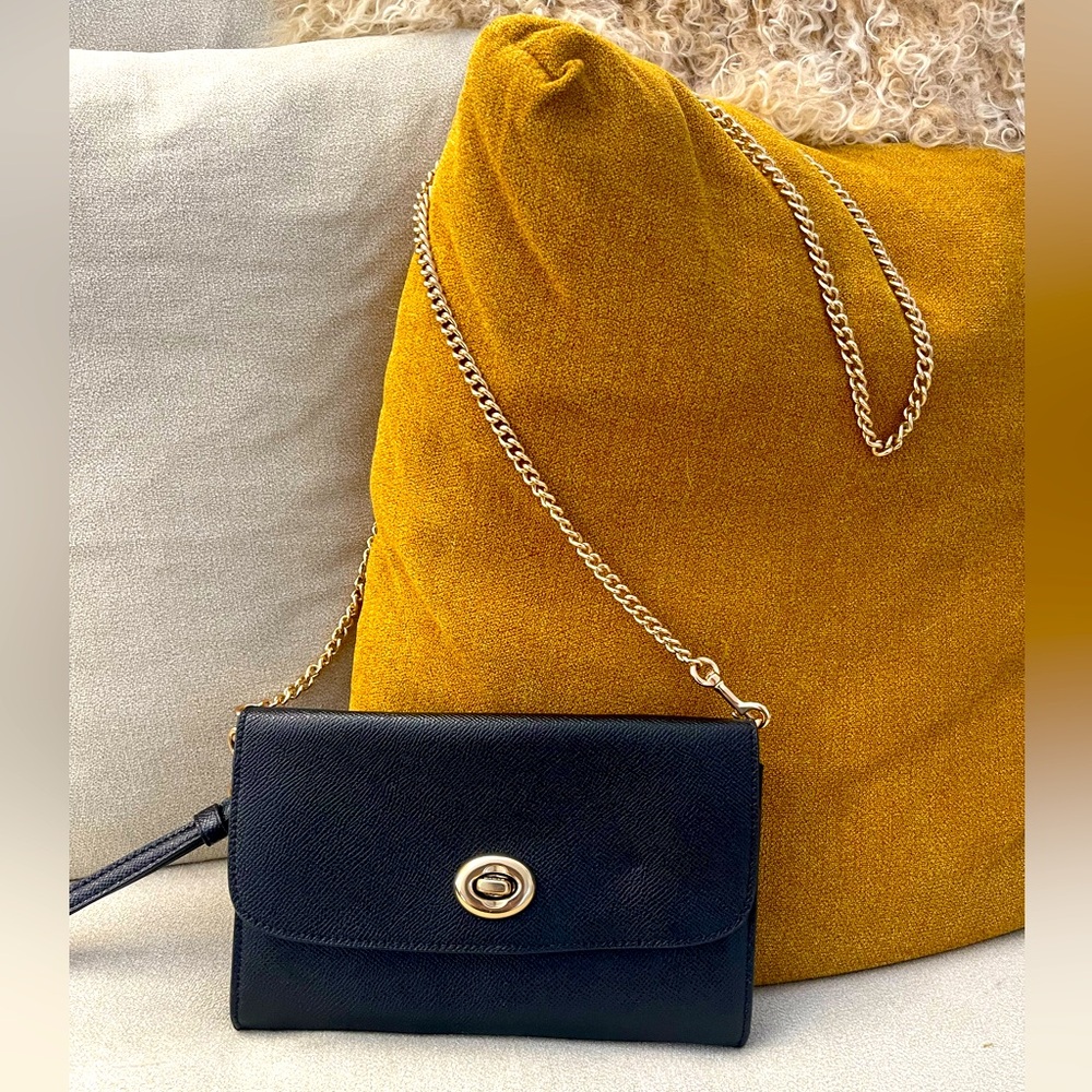 Coach Black Clutch Leather Bag with Chain